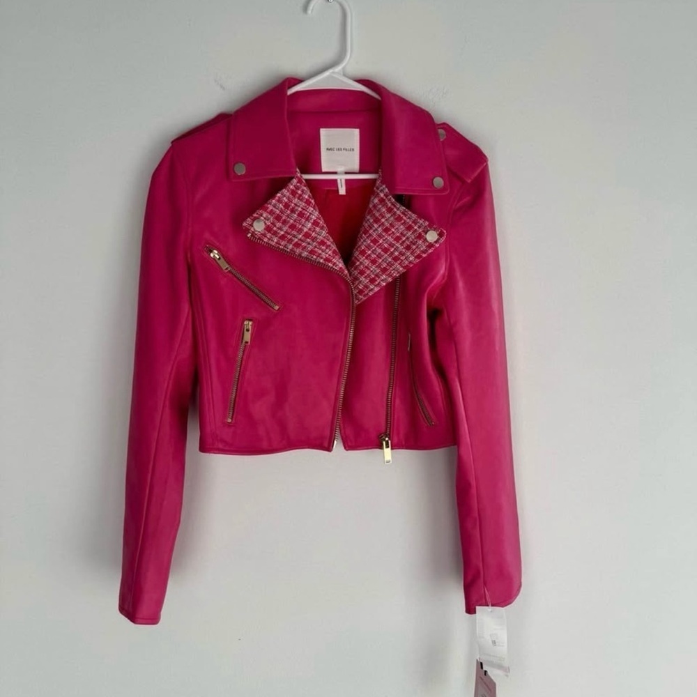 Avec Les Filles Faux Leather Jacket with Plaid Collar - Hot Pink (Size Small)